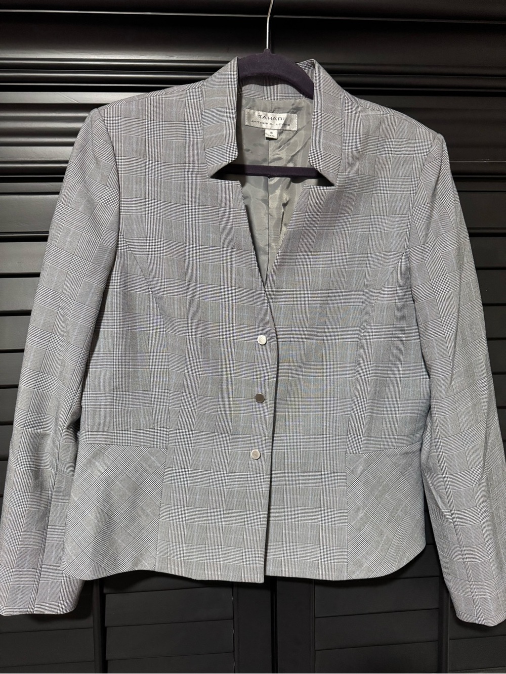Tahari ASL Gray Plaid Tailored Snap-Front Jacket